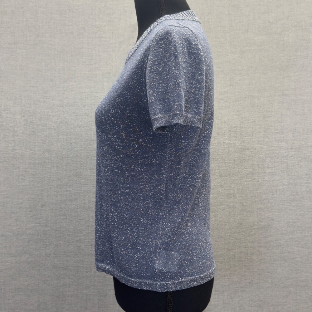 White + Warren Blue Sparkle Knit Short Sleeve Sweater Top Womens Size Small - Picture 2 of 10